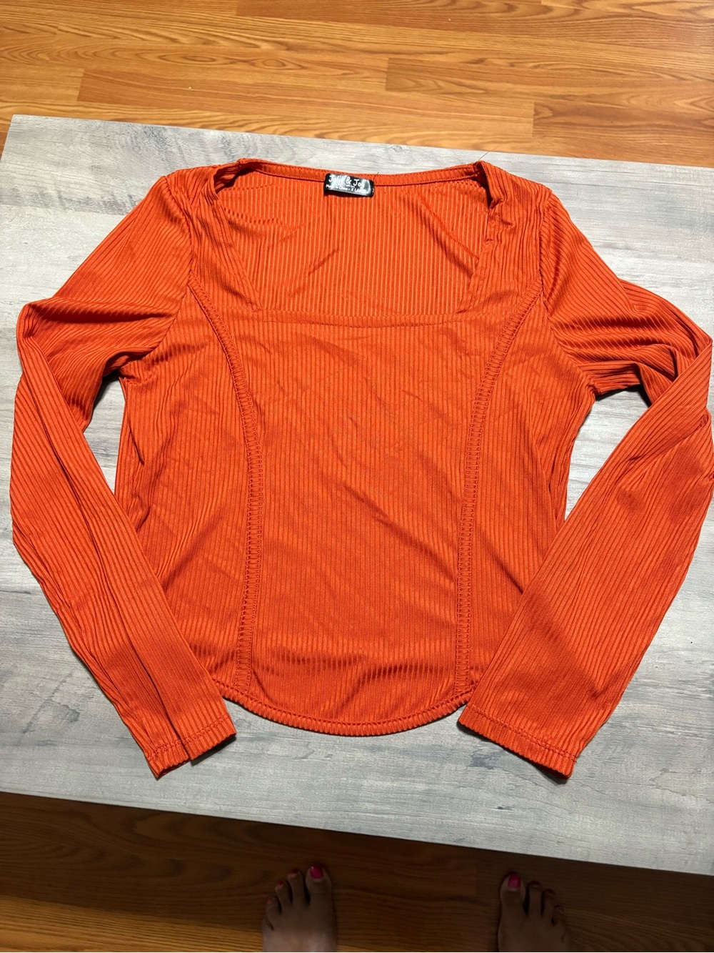 Women's Ribbed Long-Sleeve Square Neck Top - Orange